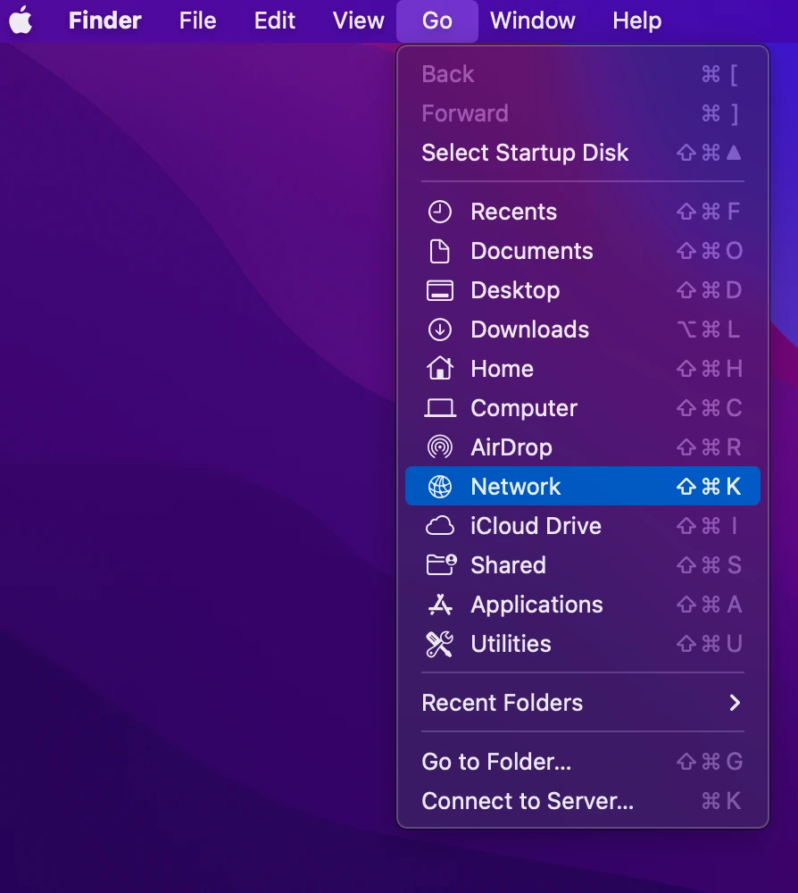 From finder go to go then network